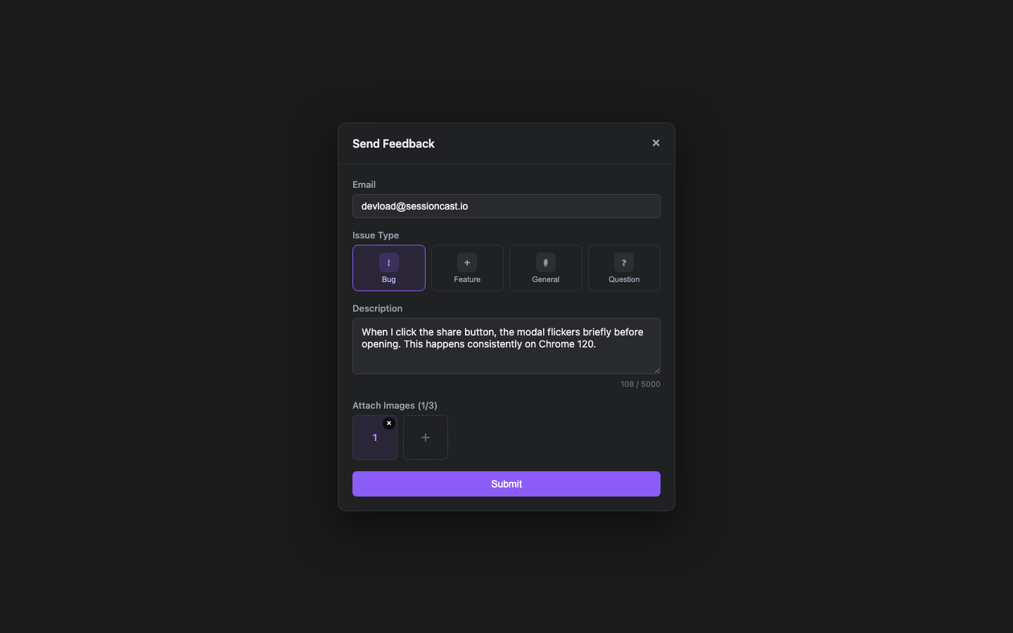 Feedback modal — Bug report