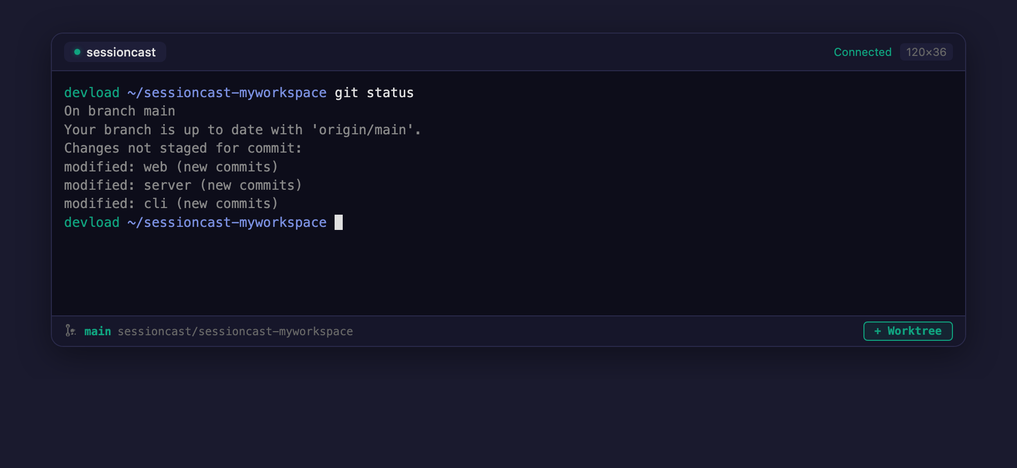 Git footer bar with branch info and worktree button